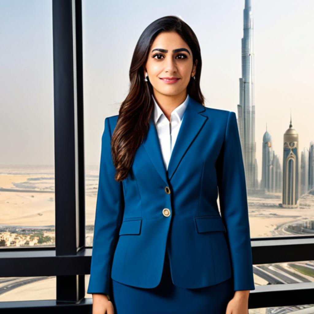 **

"A professional Arab businesswoman in a tailored, modest business suit, standing confidently in a modern office overlooking a Dubai cityscape. Fully clothed, appropriate attire, safe for work, perfect anatomy, natural proportions, professional photography, high quality, family-friendly."

**