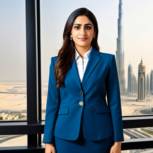 Home 8 **
"A professional Arab businesswoman in a tailored, modest business suit, standing confidently in a modern office overlooking a Dubai cityscape. Fully clothed, appropriate attire, safe for work, perfect anatomy, natural proportions, professional photography, high quality, family-friendly."
**