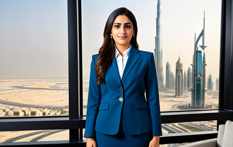 **

"A professional Arab businesswoman in a tailored, modest business suit, standing confidently in a modern office overlooking a Dubai cityscape. Fully clothed, appropriate attire, safe for work, perfect anatomy, natural proportions, professional photography, high quality, family-friendly."

**